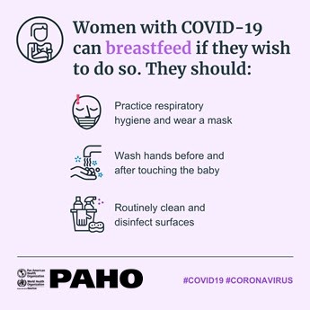 Mulheres com covid-19 podem amamentar, mas recomenda-se que usem máscara e façam higiene tanto das mãos quanto a desinfecção dos ambientes. (Fonte: Organização Pan-Americana da Saúde/Reprodução)